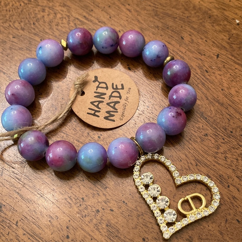 Purple Beaded Bracelet with Heart Charm